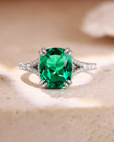 VERITY Double Claws Cushion Cut Emerald Hiden Halo Engagement Ring